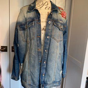 Oversized distressed embroidered denim jacket